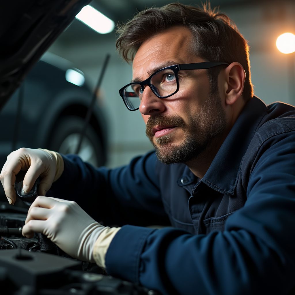 Mechanik pečlivě kontrolující součástky motoru