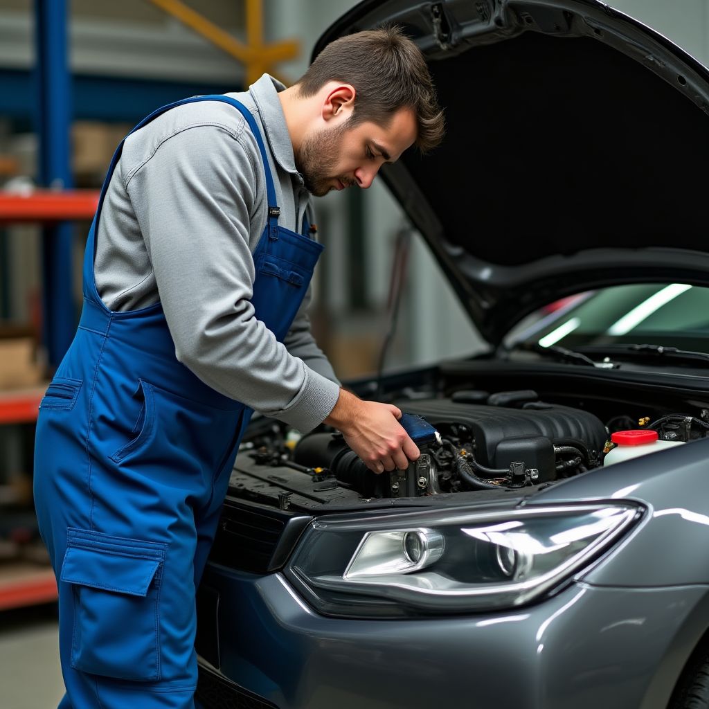 Mechanik pracující na motoru vozidla na zvedáku