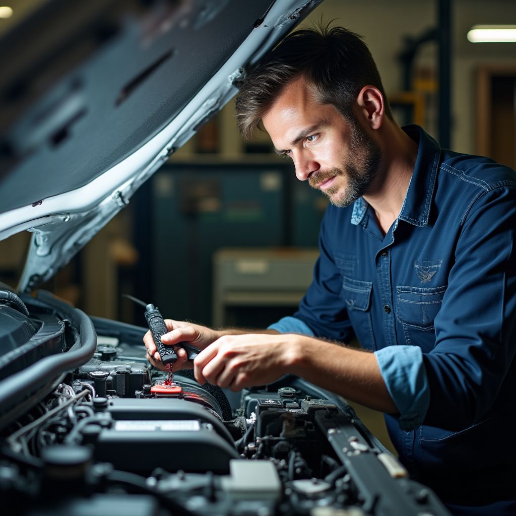 Autoelektrikář pracující na elektroinstalaci vozidla